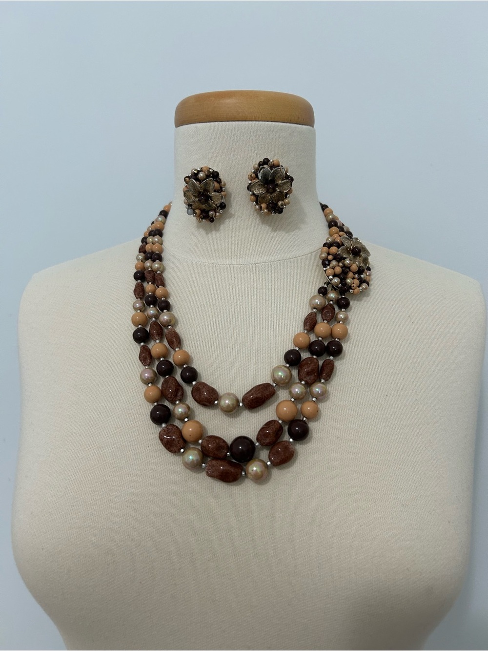 Vintage Japan Multi Strand Beaded Necklace & Clip Earrings Set